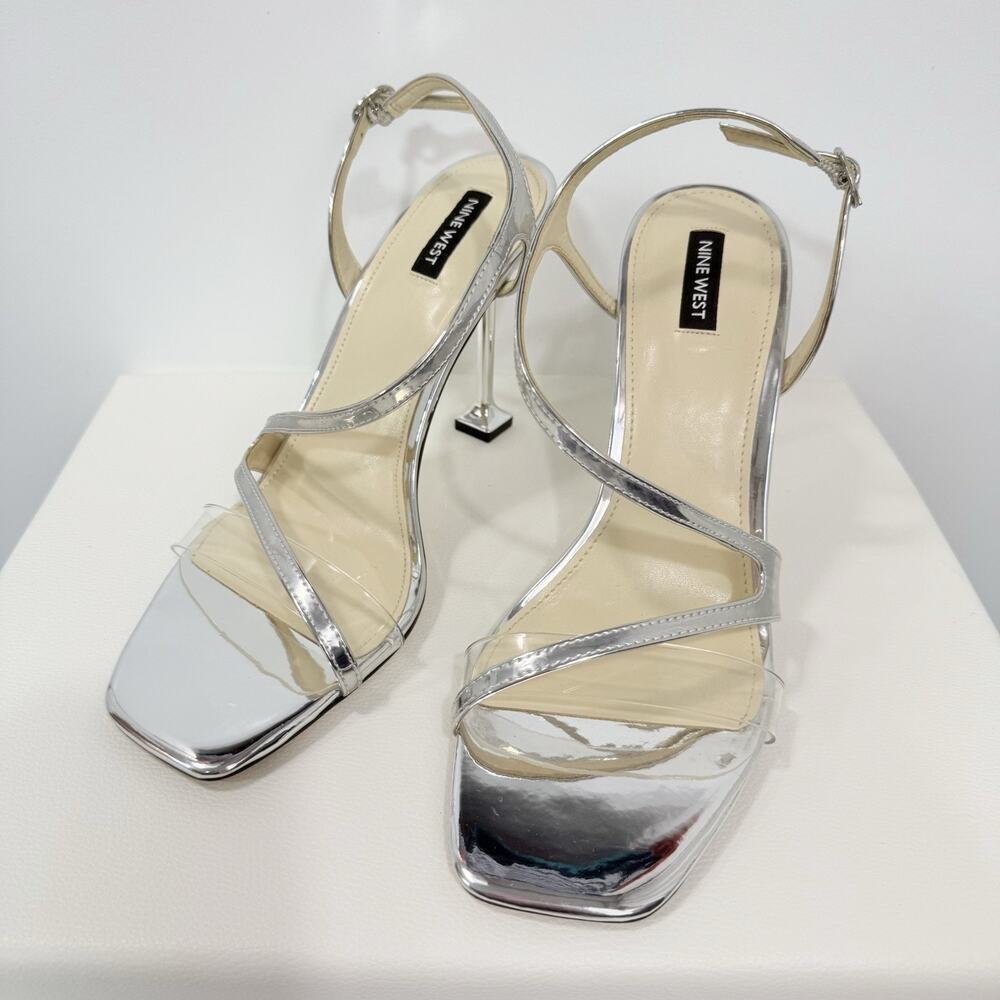 Nine West Heels Pumps Silver Faux Leather Stiletto Open Toe Wo's Size 10 - Picture 13 of 14